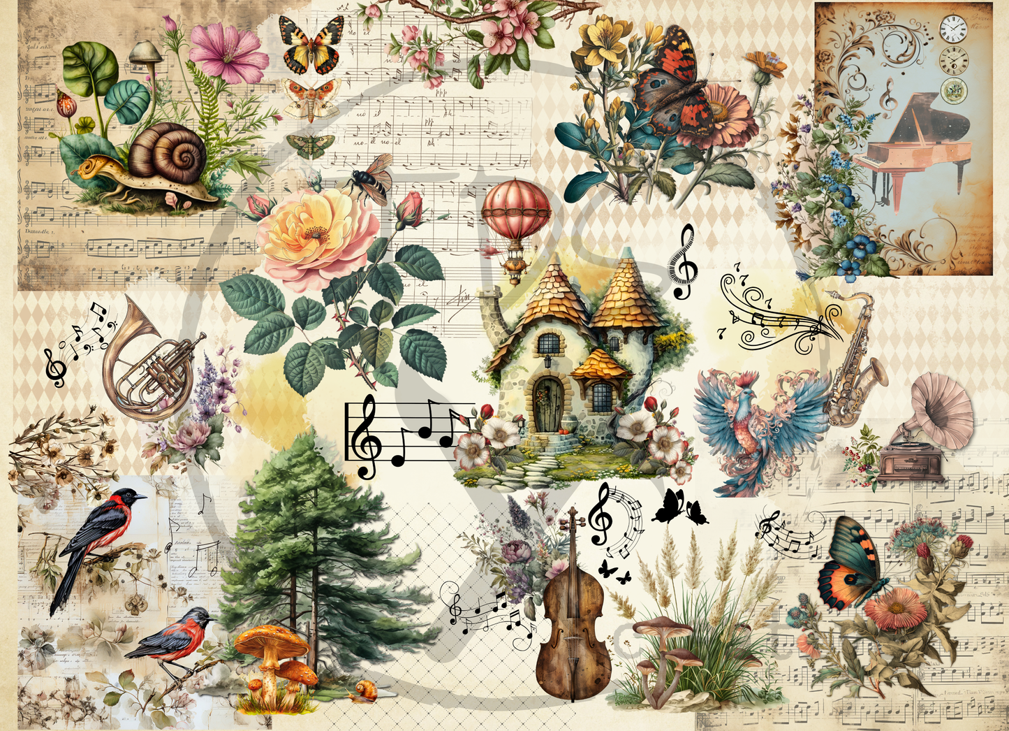 Decoupage Tissue Paper Musical Botanical Evergreens
