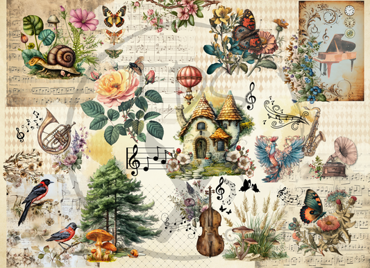Decoupage Tissue Paper Musical Botanical Evergreens